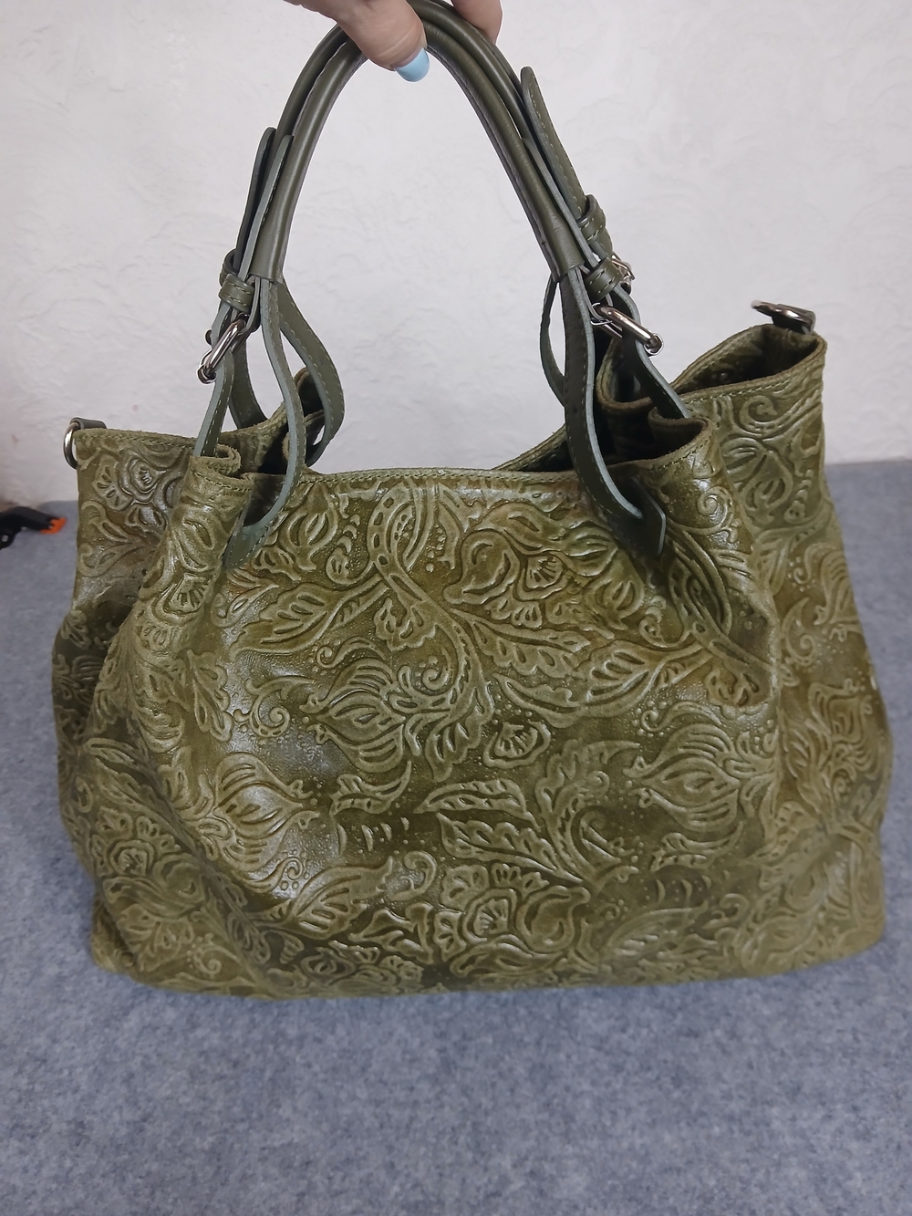Isadora Olive Green Embossed Leather Tote Bag